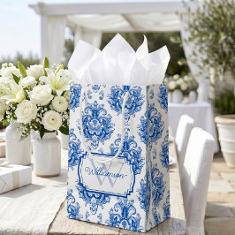 Blauw Frans Damast Toile Patroon Naam Monogram Klein Cadeauzakje
