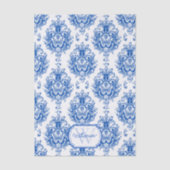 Blauw Frans Damast Toile Patroon Naam Monogram Tissuepapier (Voorkant)