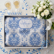 Blauw Frans Damast Toile Patroon Naam Monogram