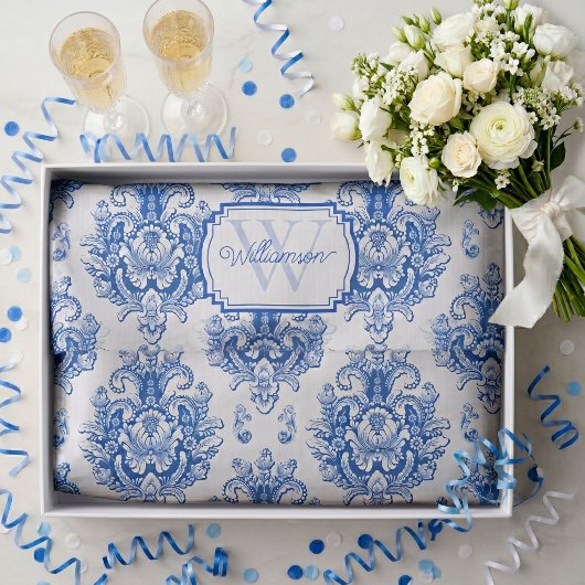 Blauw Frans Damast Toile Patroon Naam Monogram Tissuepapier