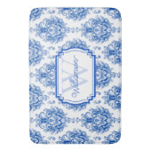 Blauw Frans Damast Toile Patroonnaam Monogram Badmat (Voorkant Verticaal)