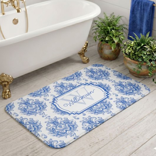 Blauw Frans Damast Toile Patroonnaam Monogram Badmat