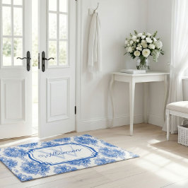 Blauw Frans Damast Toile Patroonnaam Monogram Deurmat