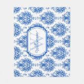 Blauw Frans Damast Toile Patroonnaam Monogram Fleece Deken (Voorkant)