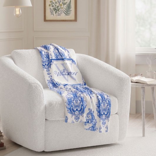 Blauw Frans Damast Toile Patroonnaam Monogram Fleece Deken