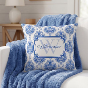 Blauw Frans Damast Toile Patroonnaam Monogram Kussen