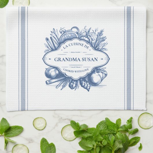 Blauw Frans koken gepersonaliseerde naam Theedoek (Gevouwen)