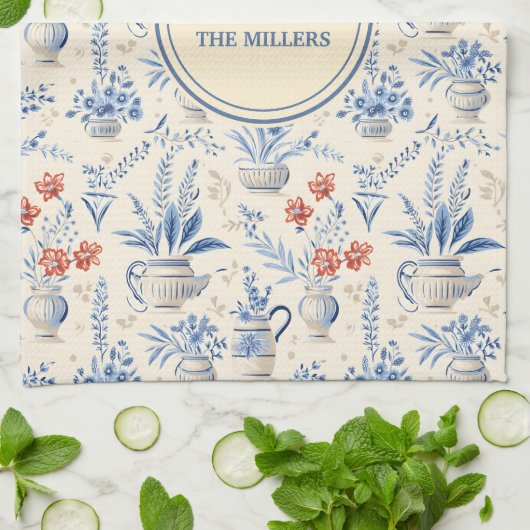 Blauw  Frans Land Chic |Aangepaste achternaam Theedoek (Gevouwen)