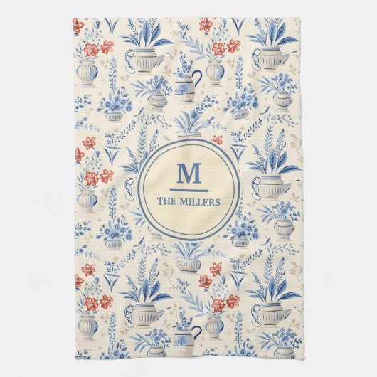 Blauw  Frans Land Chic |Aangepaste achternaam Theedoek (Verticaal)