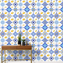 Blauw Frans land lemone patroon  Behang
