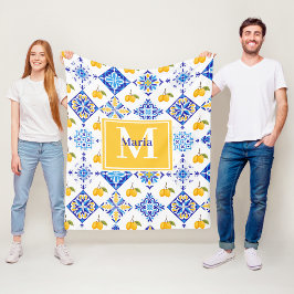 Blauw Frans land lemone patroon monogram naam Fleece Deken