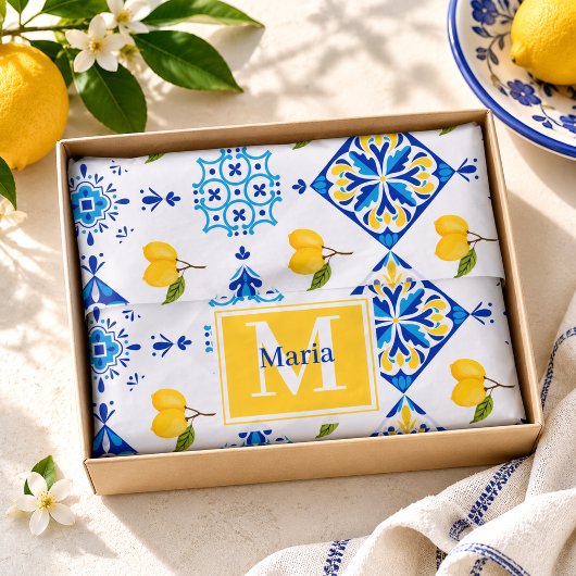 Blauw Frans land lemone patroon monogram naam Tissuepapier