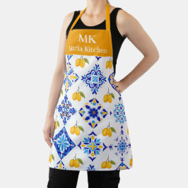 Blauw Frans Land Lemoon Patroon Monogram Naam Schort