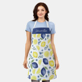 Blauw Frans landelijk citroenpatroon monogram naam Schort (Gedragen)