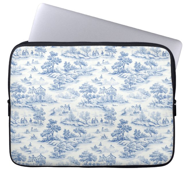 Blauw Frans Stijl Toile de Jouy Romantisch Elegant Laptop Sleeve (Voorkant)