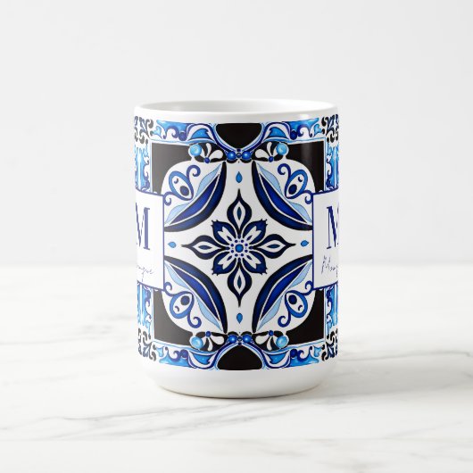 Blauw Frans Tegel vrijgezellenfeest gunst monogram Koffiemok (Center)