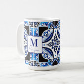 Blauw Frans Tegel vrijgezellenfeest gunst monogram Koffiemok (Voorkant links)