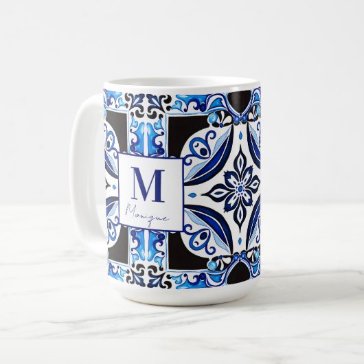Blauw Frans Tegel vrijgezellenfeest gunst monogram Koffiemok (Voorkant links)