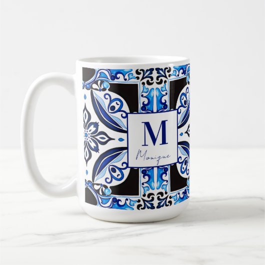 Blauw Frans Tegel vrijgezellenfeest gunst monogram Koffiemok (Links)