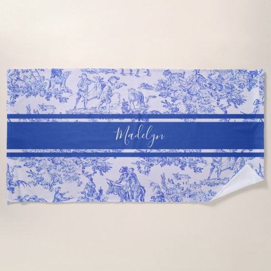 Blauw Frans Toile Aangepaste naam Strandlaken (Voorkant)