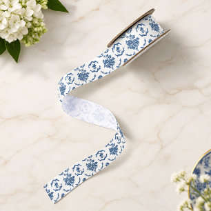 Blauw Frans Toile Bloempatroon Satijnen Lint