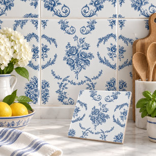 Blauw Frans Toile Bloempatroon Tegeltje