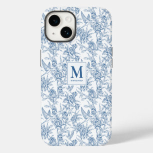 Blauw Frans Toile de Jouy bloempatroon Monogram iPhone 14 Hoesje