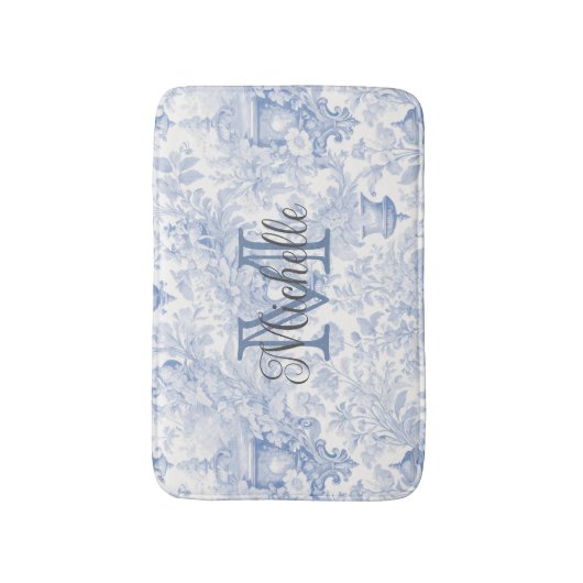 Blauw Frans Toile de Jouy Monogram Initiaal Naam Badmat (Voorkant Verticaal)