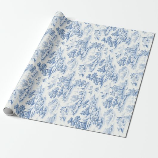 Blauw Frans Toile de Jouy  Stijl Elegant Cadeaupapier (Uitgerold)
