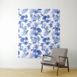 Blauw Frans Toile Herten Vos Bos Patroon Wandkleed