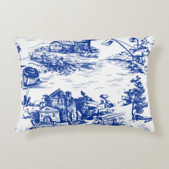 Blauw Frans Toile Lumbar Accent Kussen (Voorkant)
