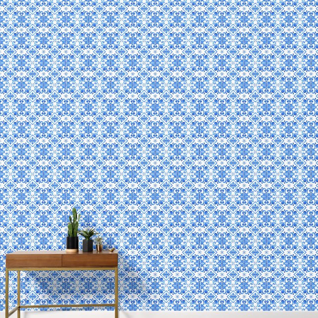 Blauw Frans Toile patroon Behang (Hal)