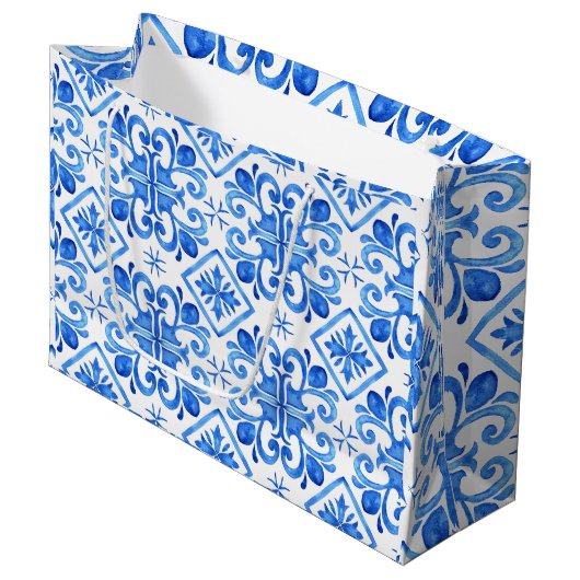 Blauw Frans Toile patroon Groot Cadeauzakje (Voorkant Gekanteld)