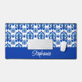 Blauw Frans Toile Patroon Monogram Naam Bureaumat (Keyboard & Muis)