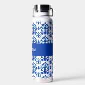 Blauw Frans Toile patroon monogram naam Waterfles (Achterkant)