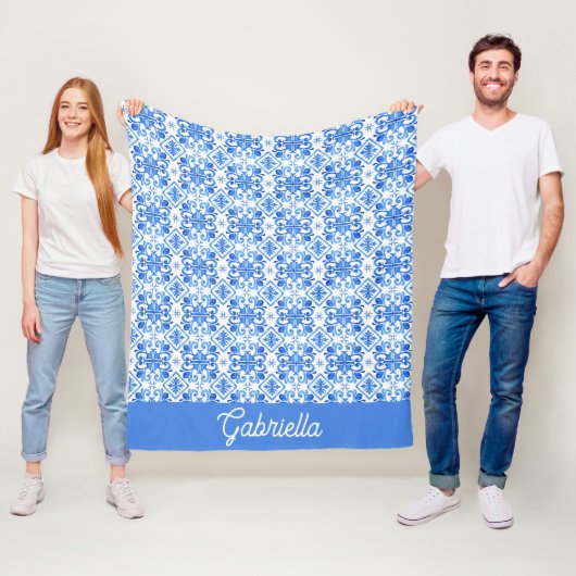 Blauw Frans Toile Patroon Naam Fleece Deken (In situ)