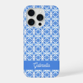 Blauw Frans Toile Patroon Naam iPhone 15 Pro Case