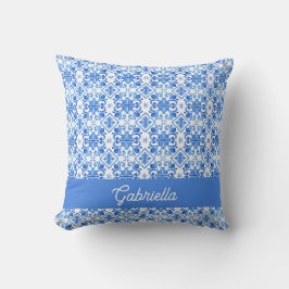 Blauw Frans Toile Patroon Naam Kussen