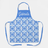 Blauw Frans Toile Patroon Naam Schort (Voorkant)