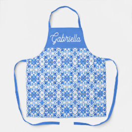Blauw Frans Toile Patroon Naam Schort