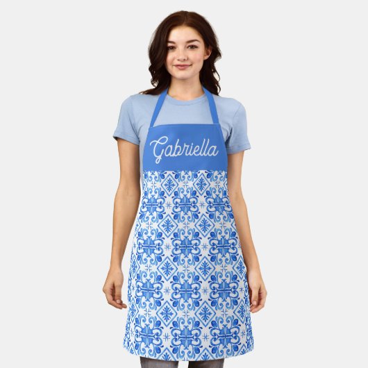 Blauw Frans Toile Patroon Naam Schort (Gedragen)