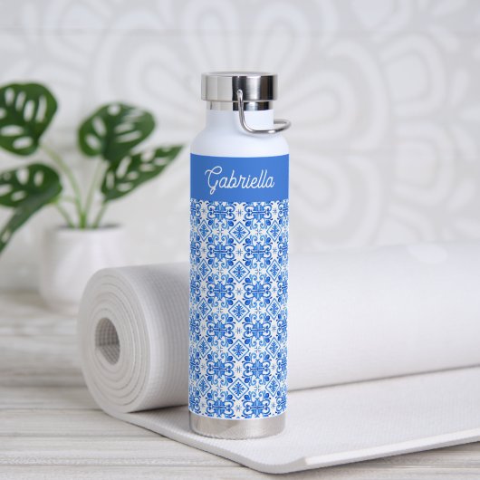 Blauw Frans Toile Patroon Naam Waterfles (Yoga (Gedraaid) )