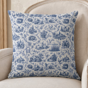 Blauw Frans Toile Platteland Roos Tak Patroon Kussen