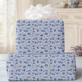 Blauw Frans Toile Platteland Rozen Tak Patroon Cadeaupapier