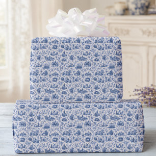 Blauw Frans Toile Platteland Rozen Tak Patroon Cadeaupapier