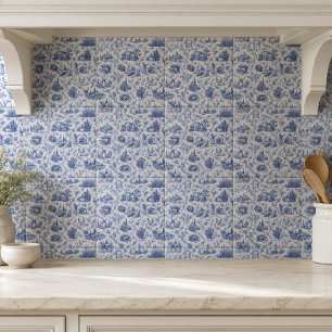 Blauw Frans Toile Platteland Rozen Tak Patroon Tegeltje