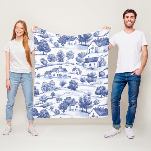 Blauw Frans Toile Plattelandspatroon Fleece Deken (In situ)