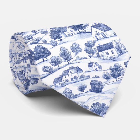 Blauw Frans Toile Plattelandspatroon Stropdas (Opgerold)