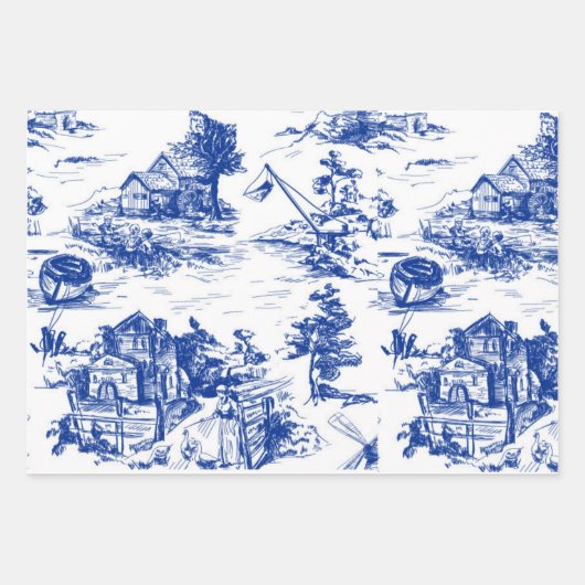 Blauw Frans Toile Ronde Inpakpapier Vel (Voorkant 3)