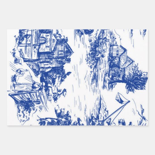 Blauw Frans Toile Ronde Inpakpapier Vel (Voorkant)